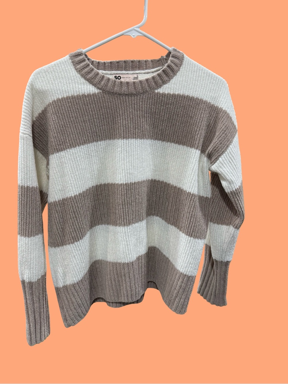 SO Ribbed Striped Crewneck Sweater in Cream and Taupe